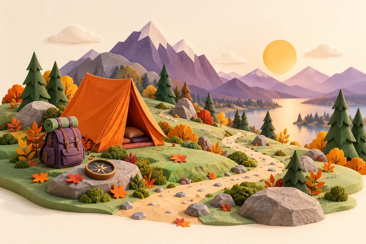 Ilustração de uma tenda, mochila e paisagem para aventuras em família.
