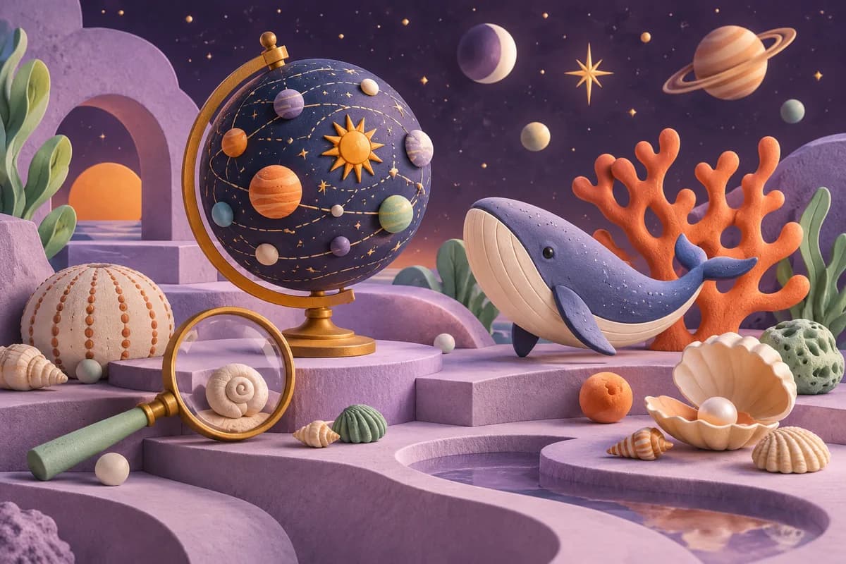 Ilustração de objetos de descoberta científica e do mundo marinho.