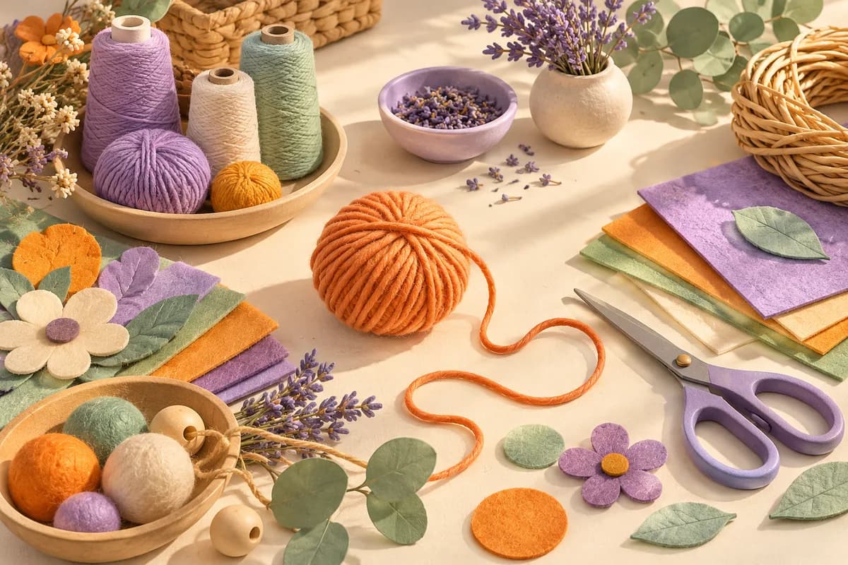Ilustração de novelos de lã e materiais para trabalhos criativos.