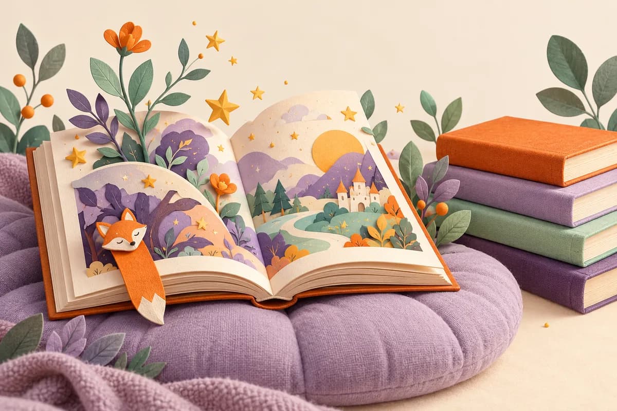 Ilustração de livros e elementos imaginativos para leitura em família.