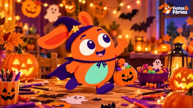 Mascote do Festas & Férias em versão Halloween, com chapéu de bruxa, abóboras, doces e decoração temática.