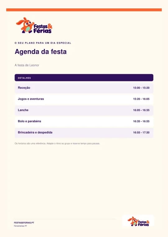 Exemplo de organizador de horários para festas infantis personalizado com a identidade Festas & Férias
