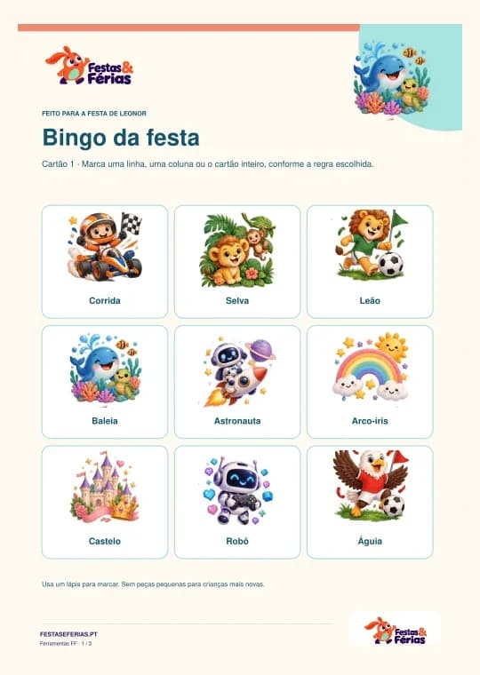 Exemplo de bingo infantil ilustrado para imprimir personalizado com a identidade Festas & Férias