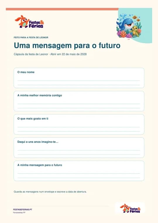 Exemplo de cápsula do tempo de aniversário personalizado com a identidade Festas & Férias
