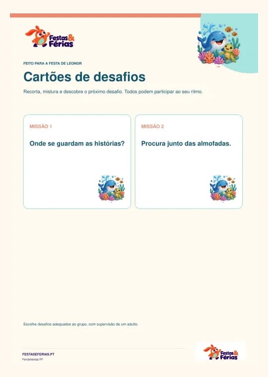Exemplo de cartões de desafios para crianças personalizado com a identidade Festas & Férias