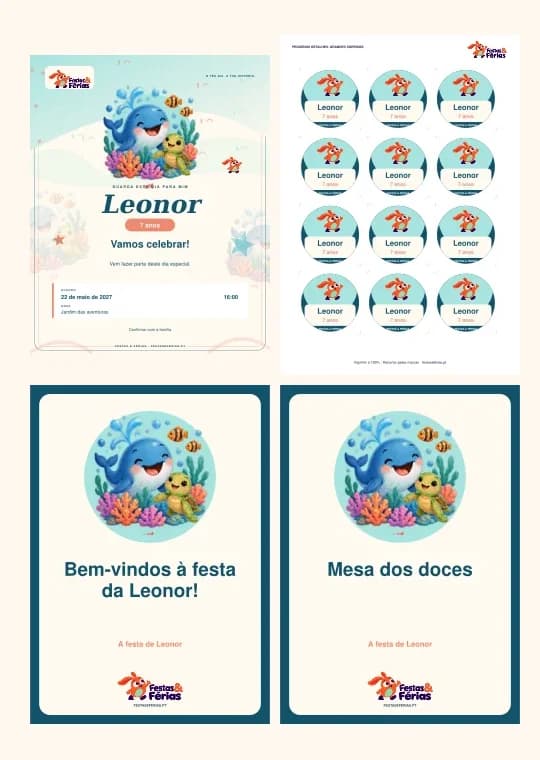 Exemplo de kit de festa infantil personalizado grátis personalizado com a identidade Festas & Férias