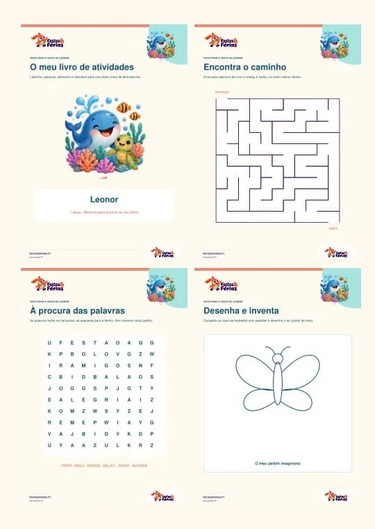 Exemplo de livro de atividades infantil personalizado personalizado com a identidade Festas & Férias