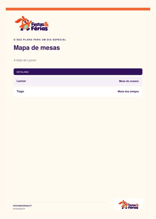 Exemplo de mapa de mesas e cartões de lugares personalizado com a identidade Festas & Férias