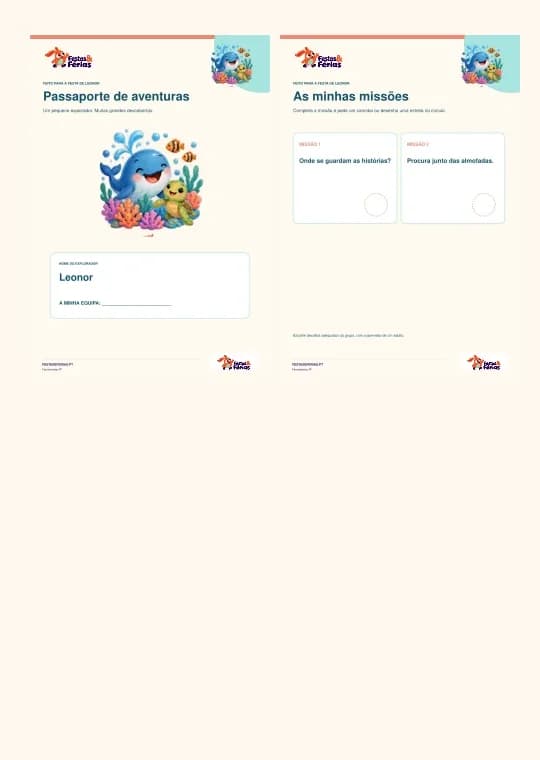Exemplo de passaporte de aventuras para crianças personalizado com a identidade Festas & Férias